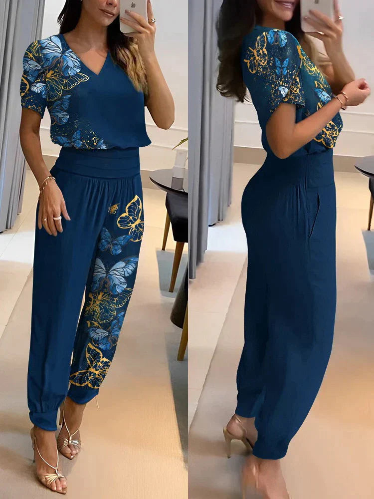 Valenzora | Two-piece set: V-neck, short-sleeved top & elasticated waist trousers, relaxed fit