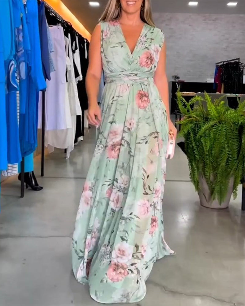 Valenzora | Elegantes ärmelloses Kleid mit V-Ausschnitt und Blumenmuster