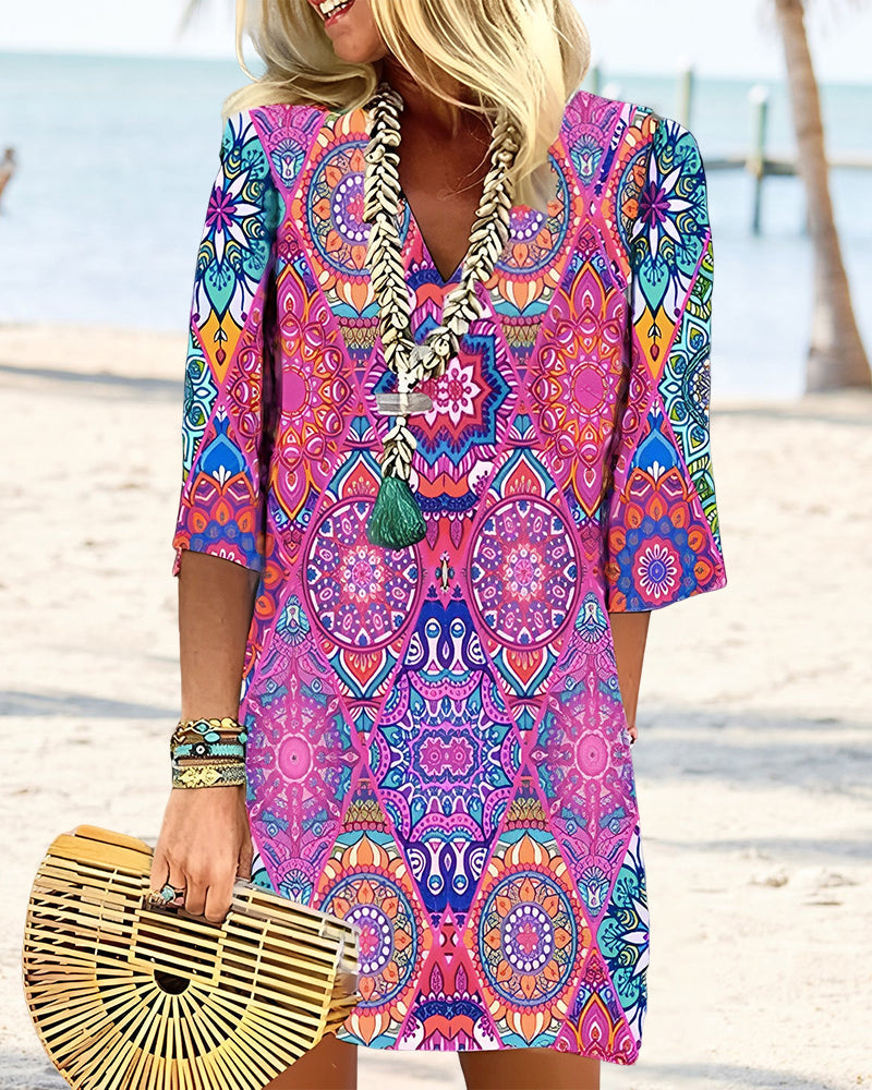 Valenzora | Dress with geometric print and 3/4 sleeves