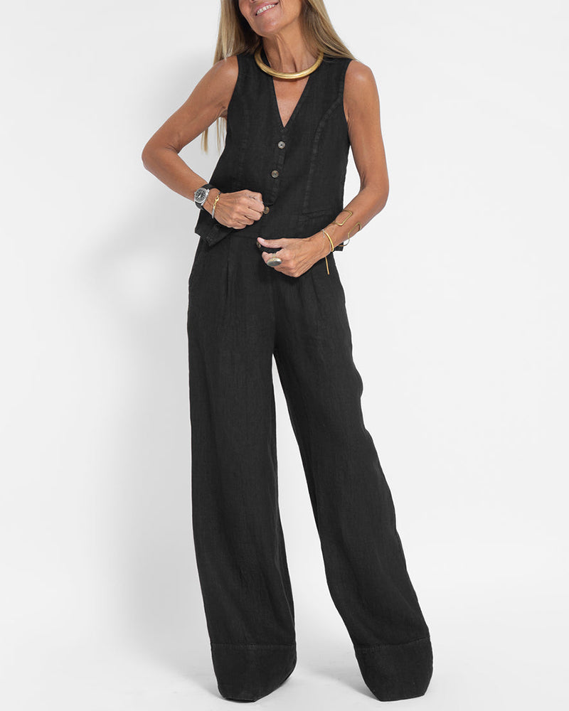Valenzora | Elegantes 2-teiliges Leinen-Set: weite Hose & Weste