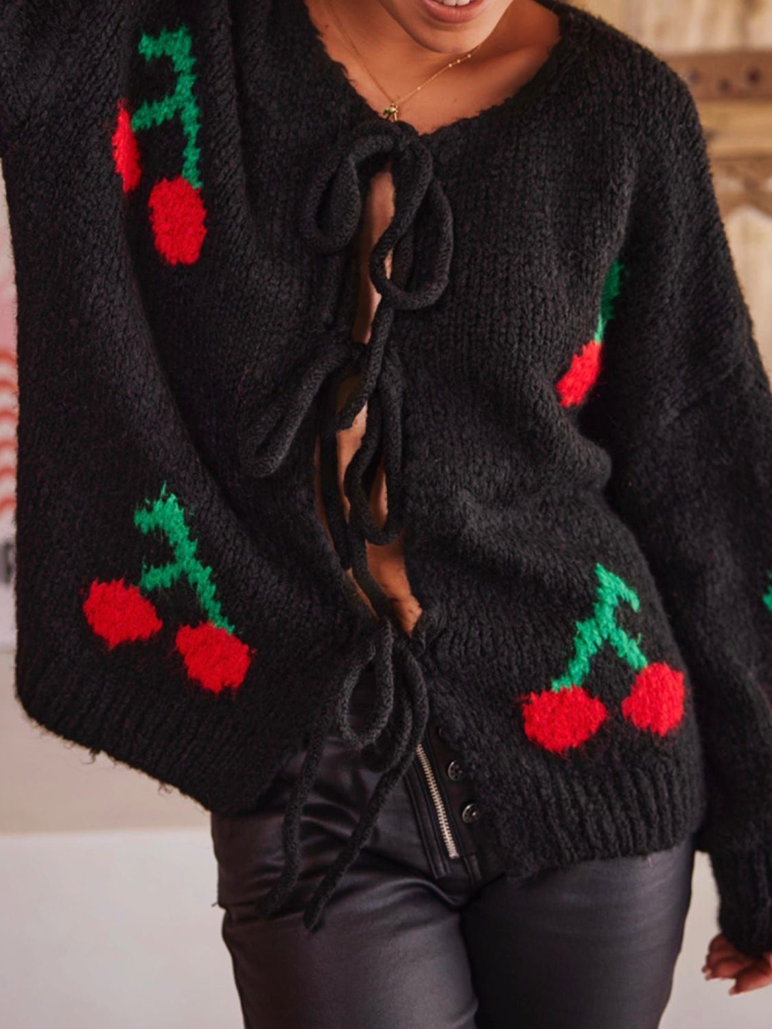 Valenzora | Bound Cherry Round Neck Long Sleeve Cardigan