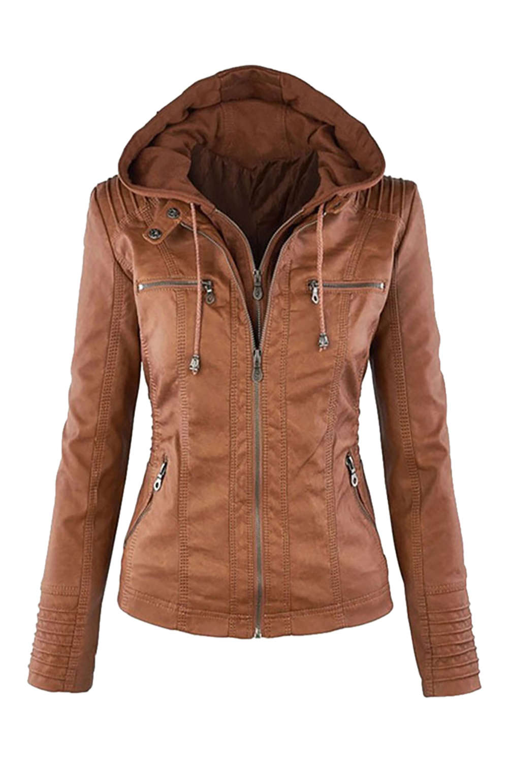 Valenzora | Women's Faux Leather Hooded Jacket with Zipper