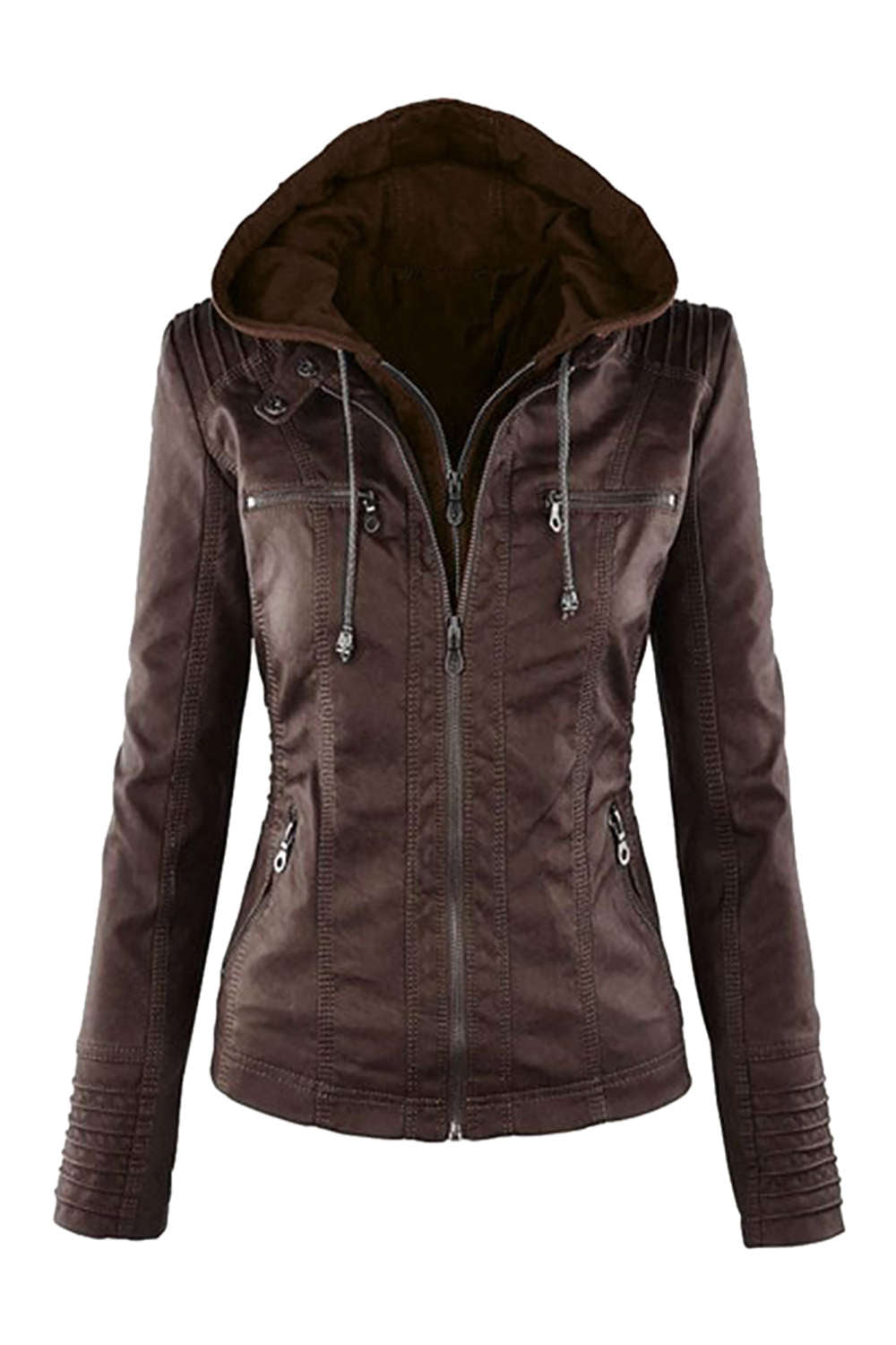 Valenzora | Women's Faux Leather Hooded Jacket with Zipper
