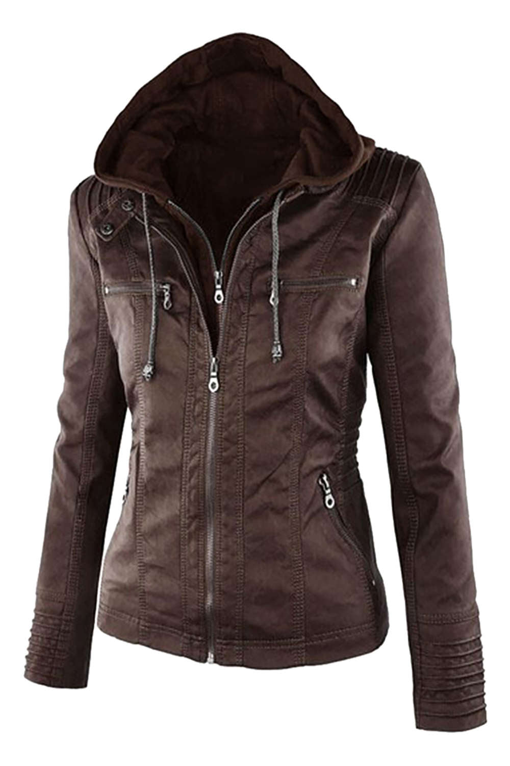 Valenzora | Women's Faux Leather Hooded Jacket with Zipper