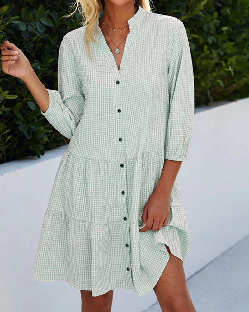 Valenzora - Checked A-line dress with button placket for women | resembles a shirt dress