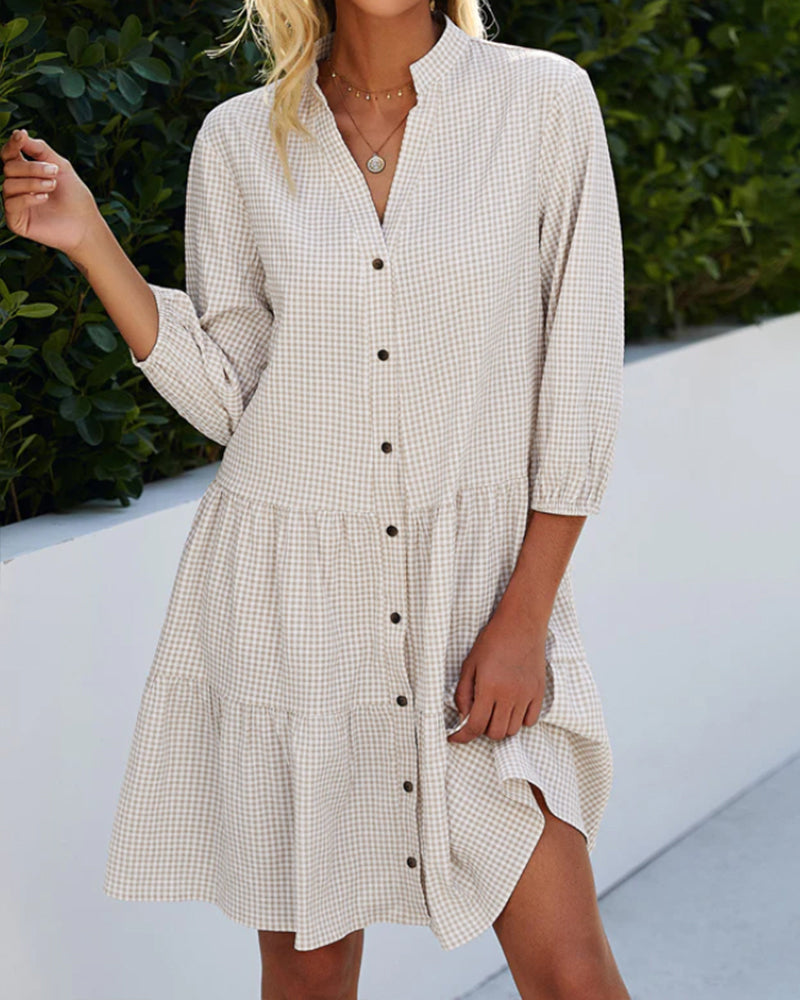 Valenzora - Checked A-line dress with button placket for women | resembles a shirt dress