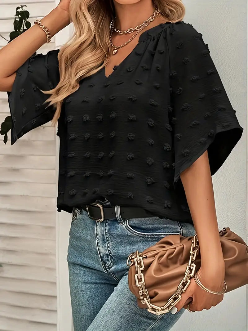 Valenzora | Elegant and stylish V-neck top with Swiss polka dots