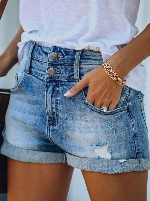 Valenzora | Damen Jeansshorts Zerrissen Gekrempelt Stretch High Waist Denim Shorts
