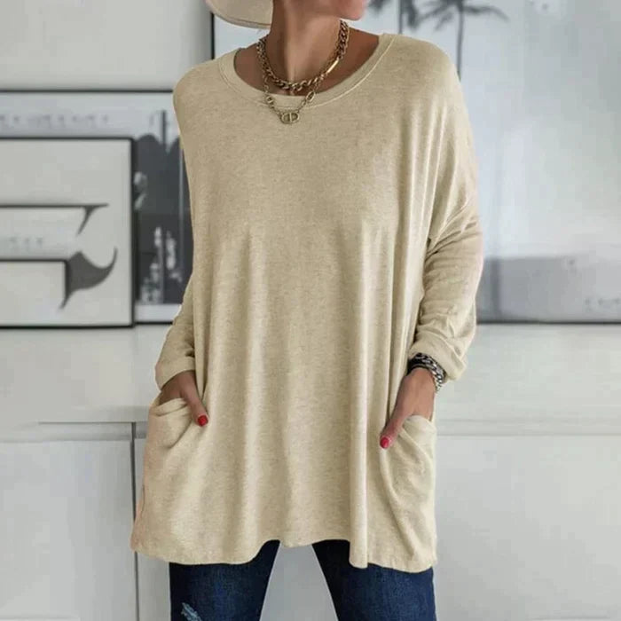 Valenzora | Fashionable tunic top with pockets - Relaxed fit, round neck, long sleeves