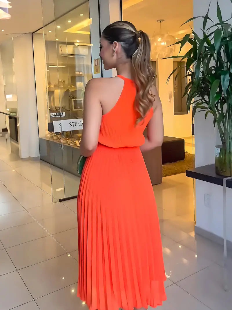 Valenzora | Elegant summer midi dress with round neckline and gathered waist