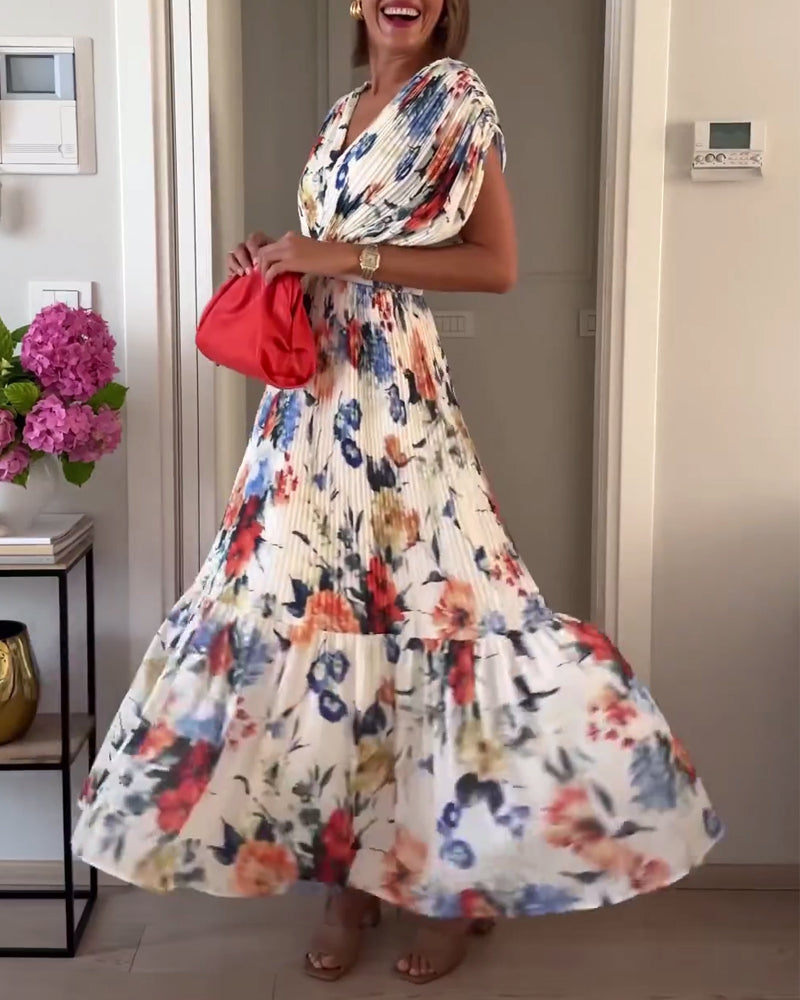 Valenzora | Beautiful Elegant Pleated Dress with Floral Pattern