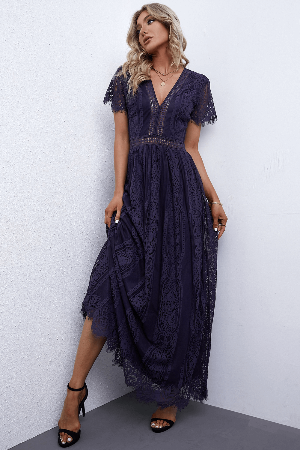 Valenzora | Lace Plunge Dress with Wavy Hem