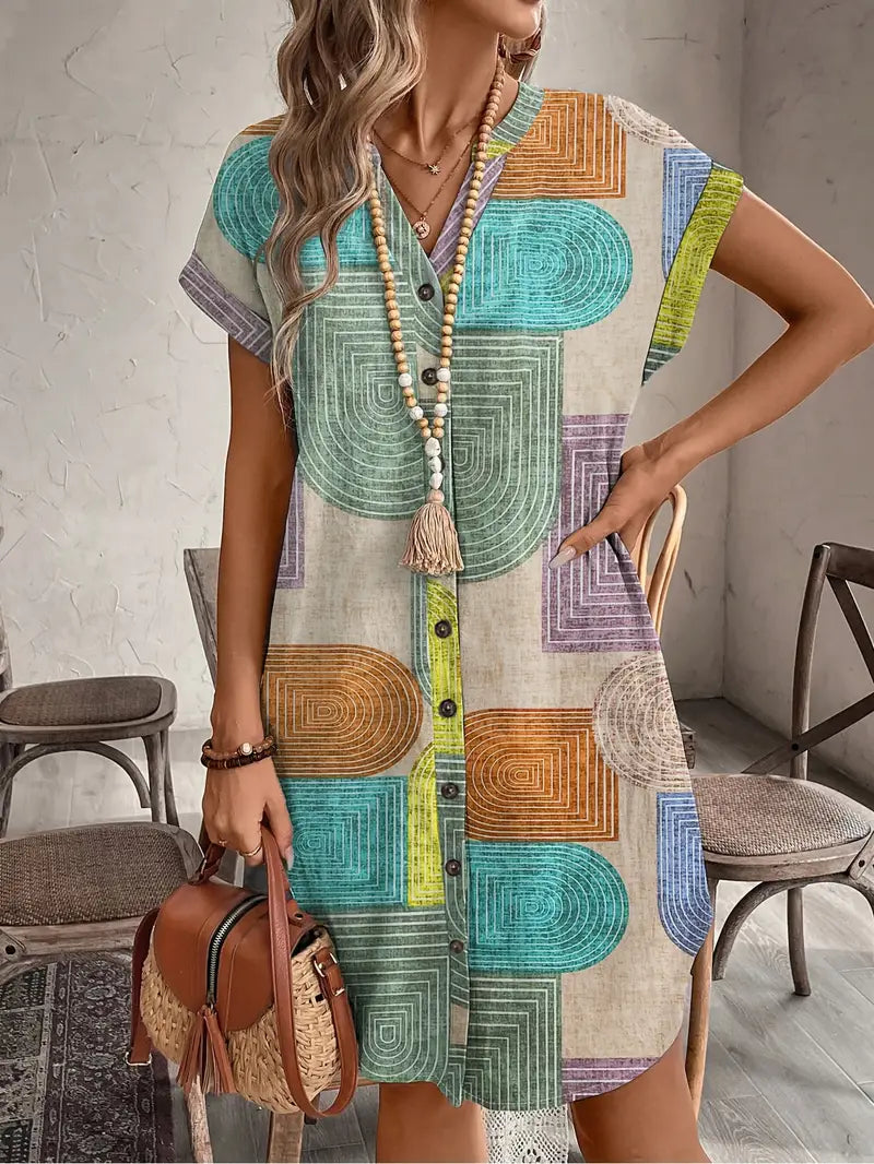 Valenzora | Summer shirt with geometric print, V-neck and button closure. Elegant midi dress.