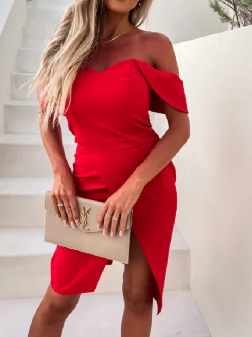 Valenzora | Women's Solid One Shoulder Slim Fit Slit Dress