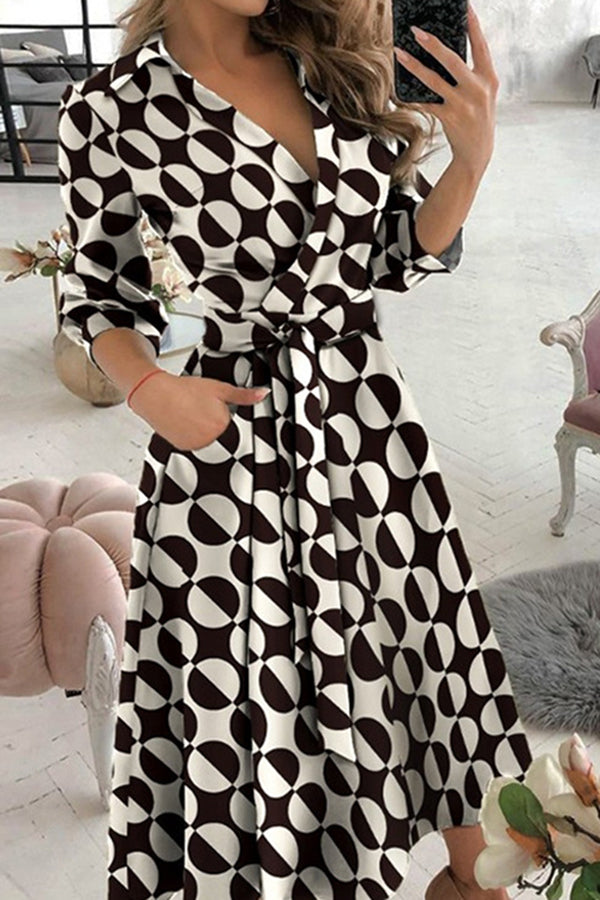 Valenzora | Find Yourself Good Printed Belt Shirt Midi Dress