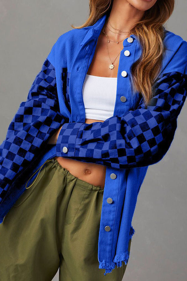 Valenzora | Fashionable Casual Loose Checkered Contrasting Raw Edge Denim Jacket