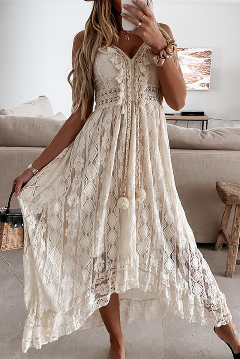 Valenzora | Lachsfarbenes Midikleid mit Spitze und Rüschen