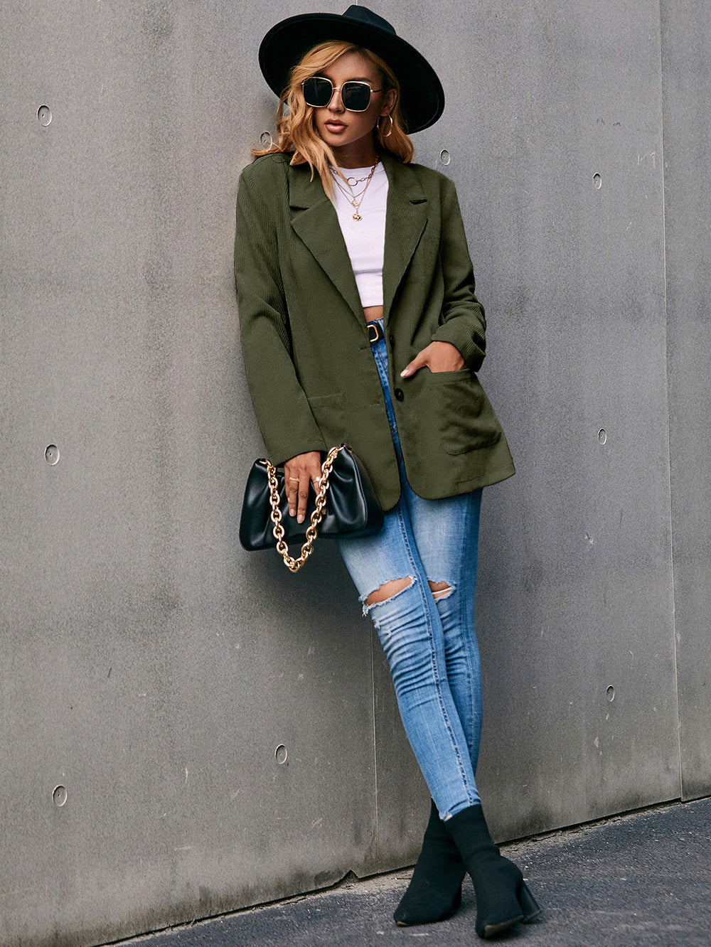 Valenzora | Corduroy Long-Sleeve Longline Blazer with Pockets