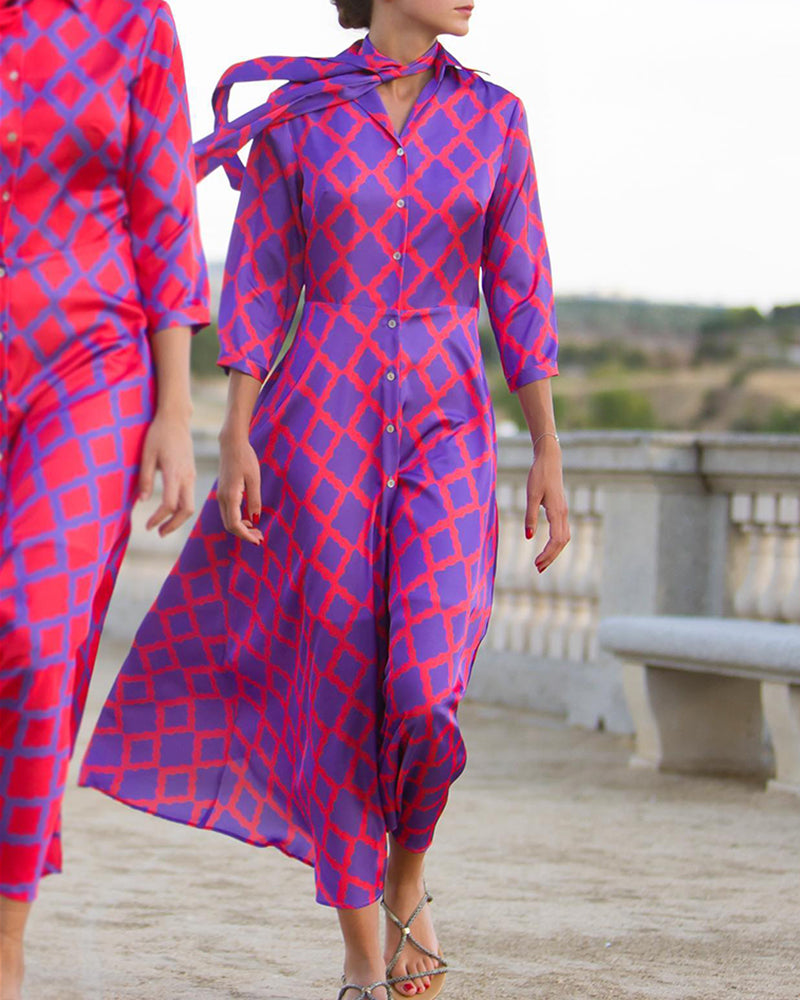 Valenzora | Hemdblusenkleid mit V-Ausschnitt und 3/4-Ärmeln