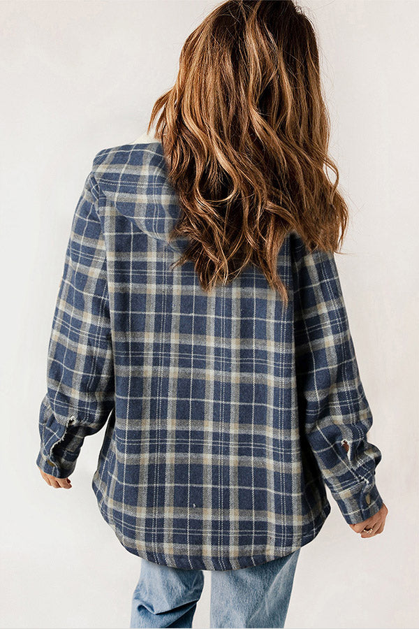 Valenzora | Snap Button Sherpa Fleece Lined Hooded Flannel Jacket