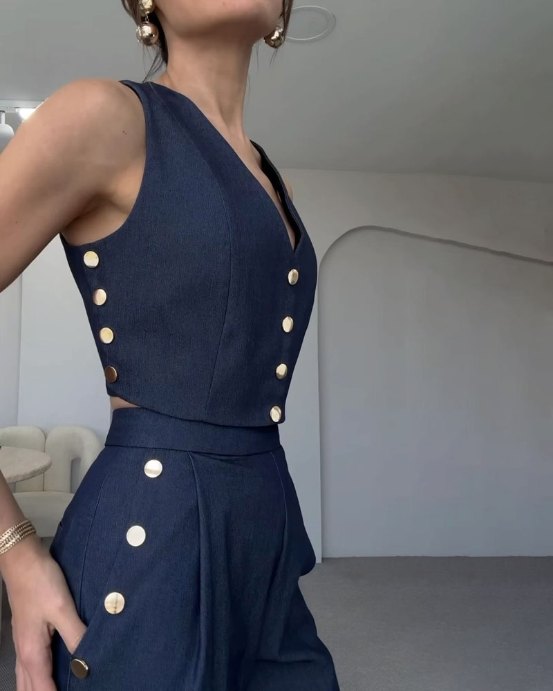 Two-piece solid-color vest and trousers