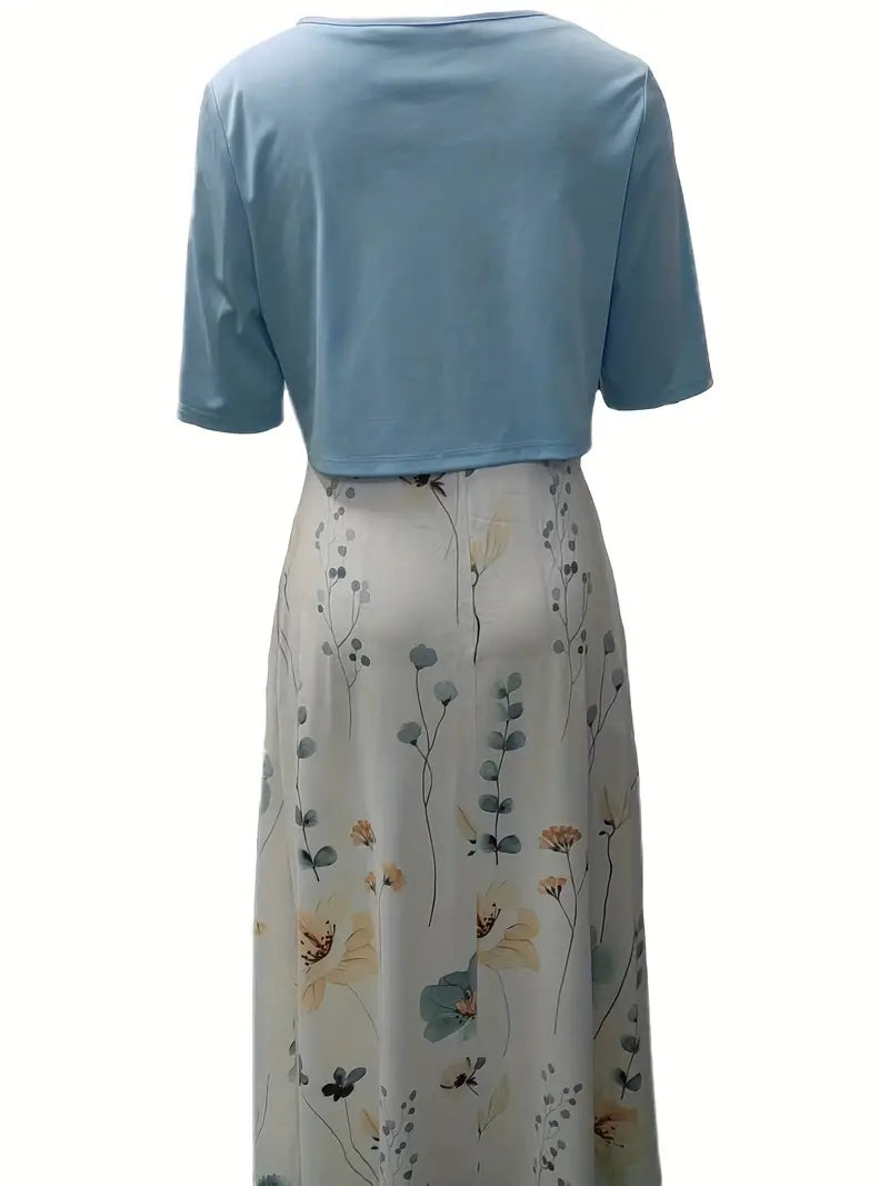Valenzora | Elegant two-piece floral dress set with solid color crop top and round neck dress