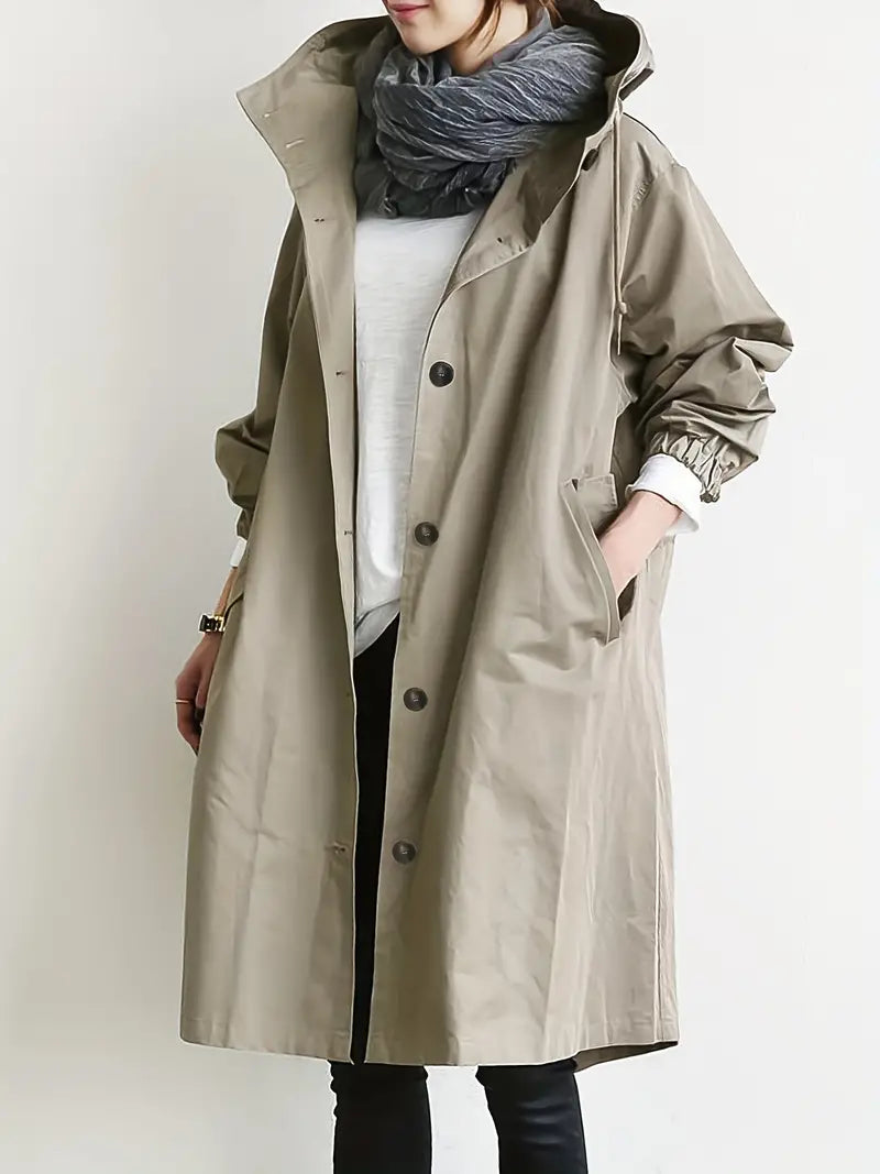 Trench coat with hood and drawstring