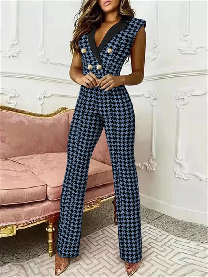 Valenzora | Jumpsuit with V-neck and pied-de-poule print | Trendy and elegant