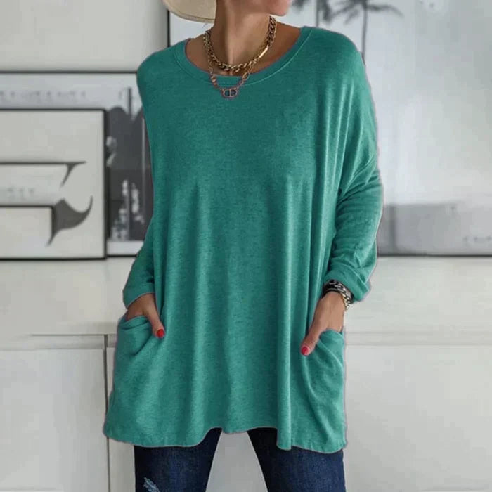 Valenzora | Fashionable tunic top with pockets - Relaxed fit, round neck, long sleeves