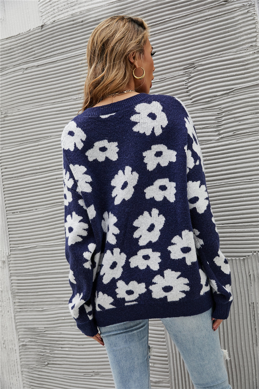 Valenzora Floral Round Neck Blue Knit Sweater