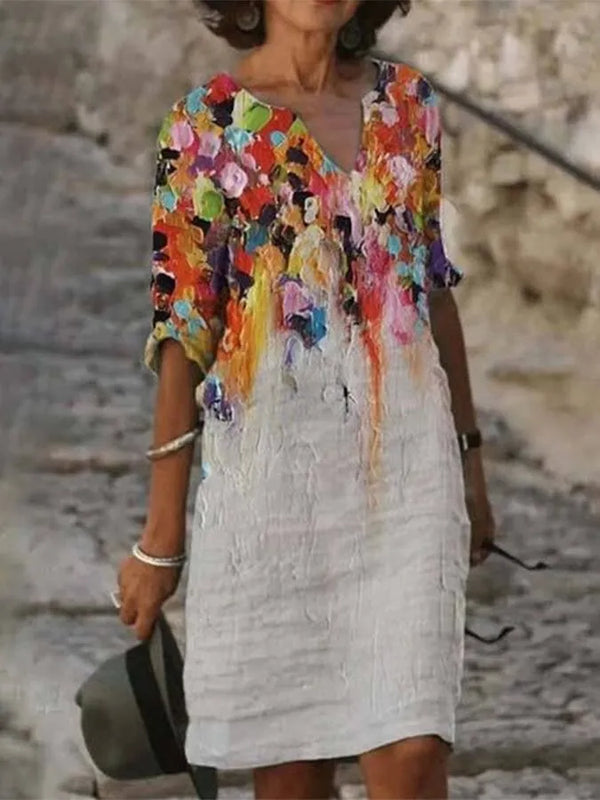 Valenzora | Women's dress made of cotton and linen with a neckline and print featuring an oil painting