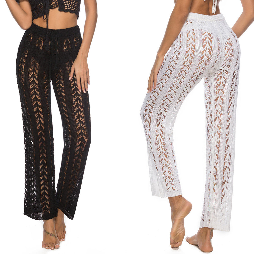 Women's elegant crochet beach trousers with a breezy fit and elastic waistband, size