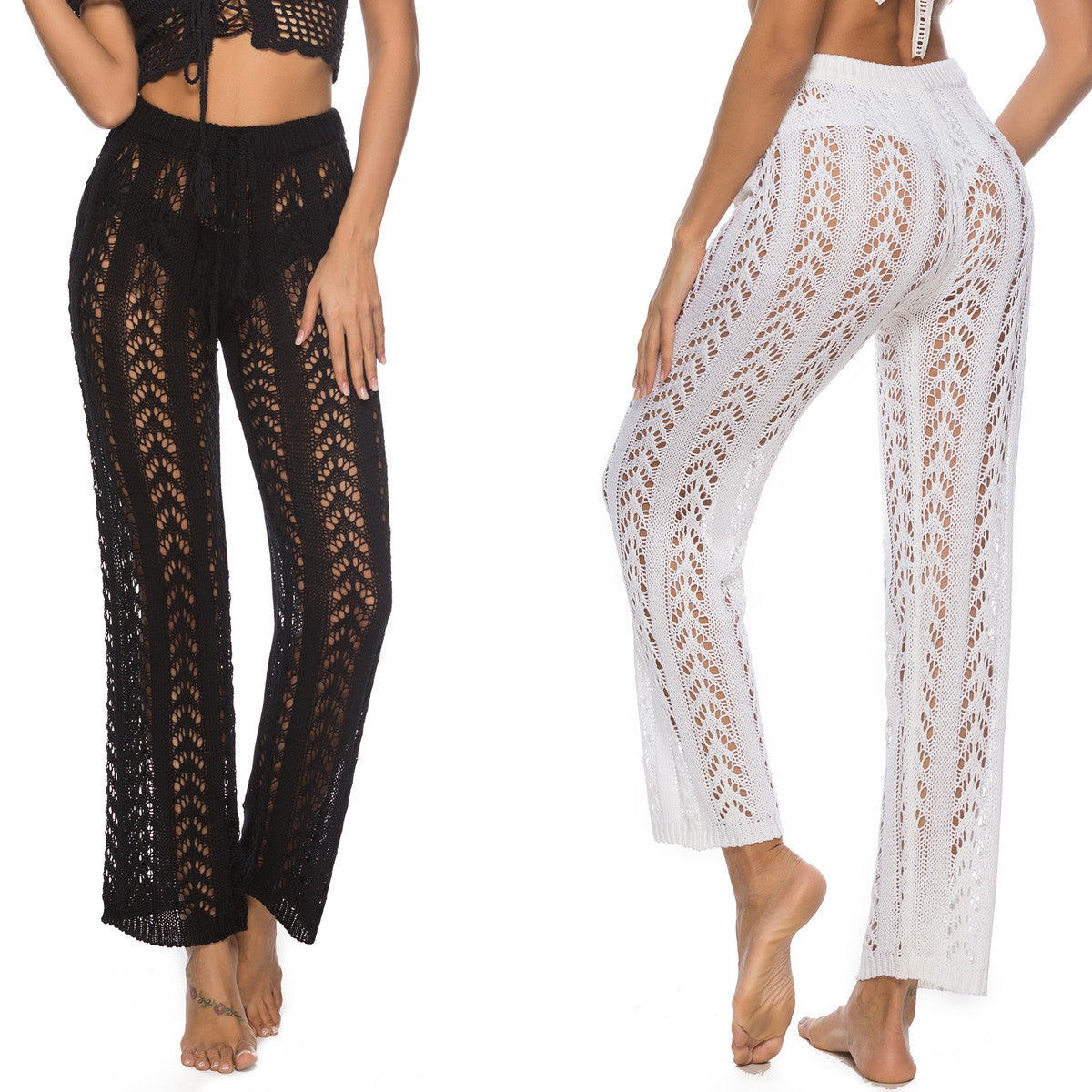 Women's elegant crochet beach trousers with a breezy fit and elastic waistband, size