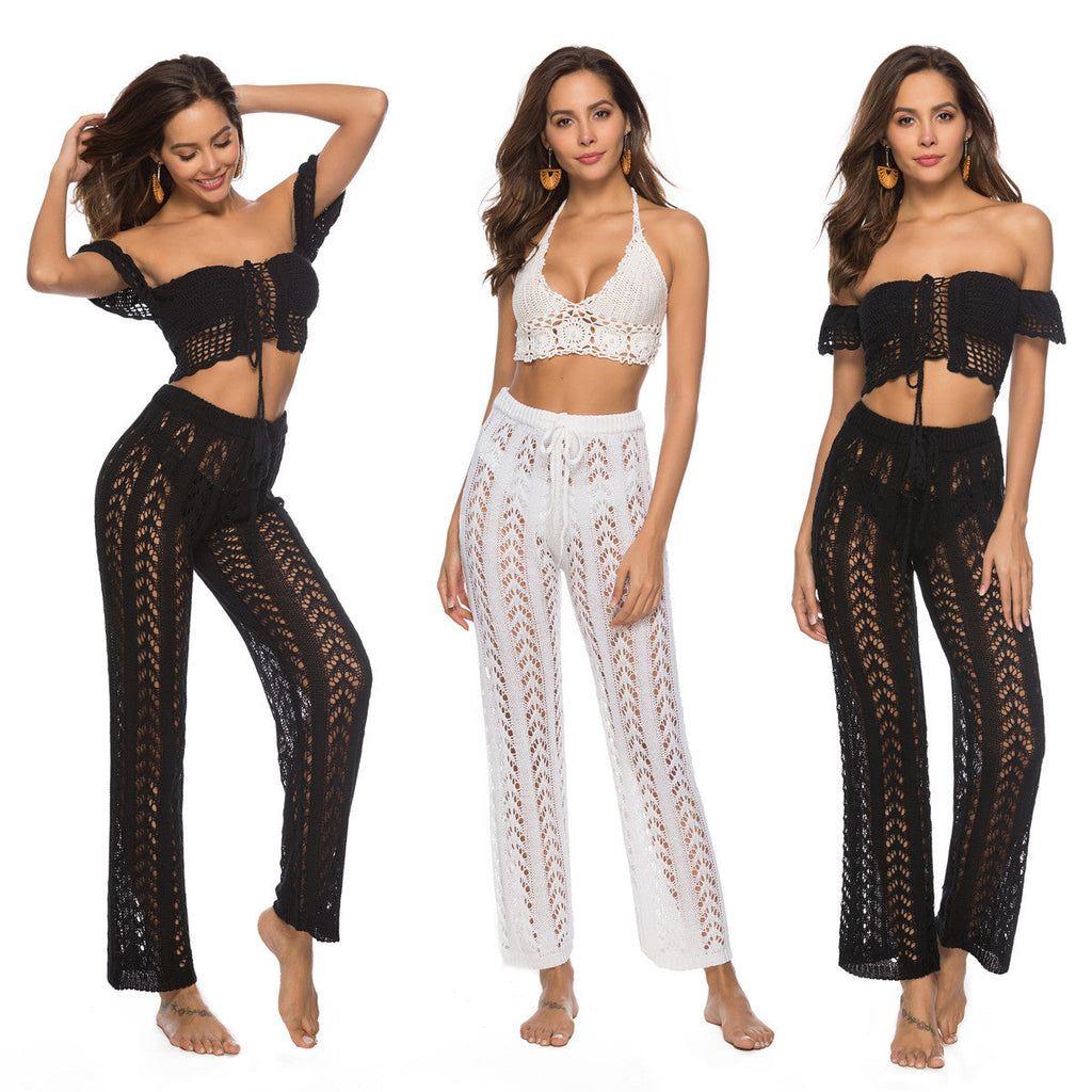 Women's elegant crochet beach trousers with a breezy fit and elastic waistband, size