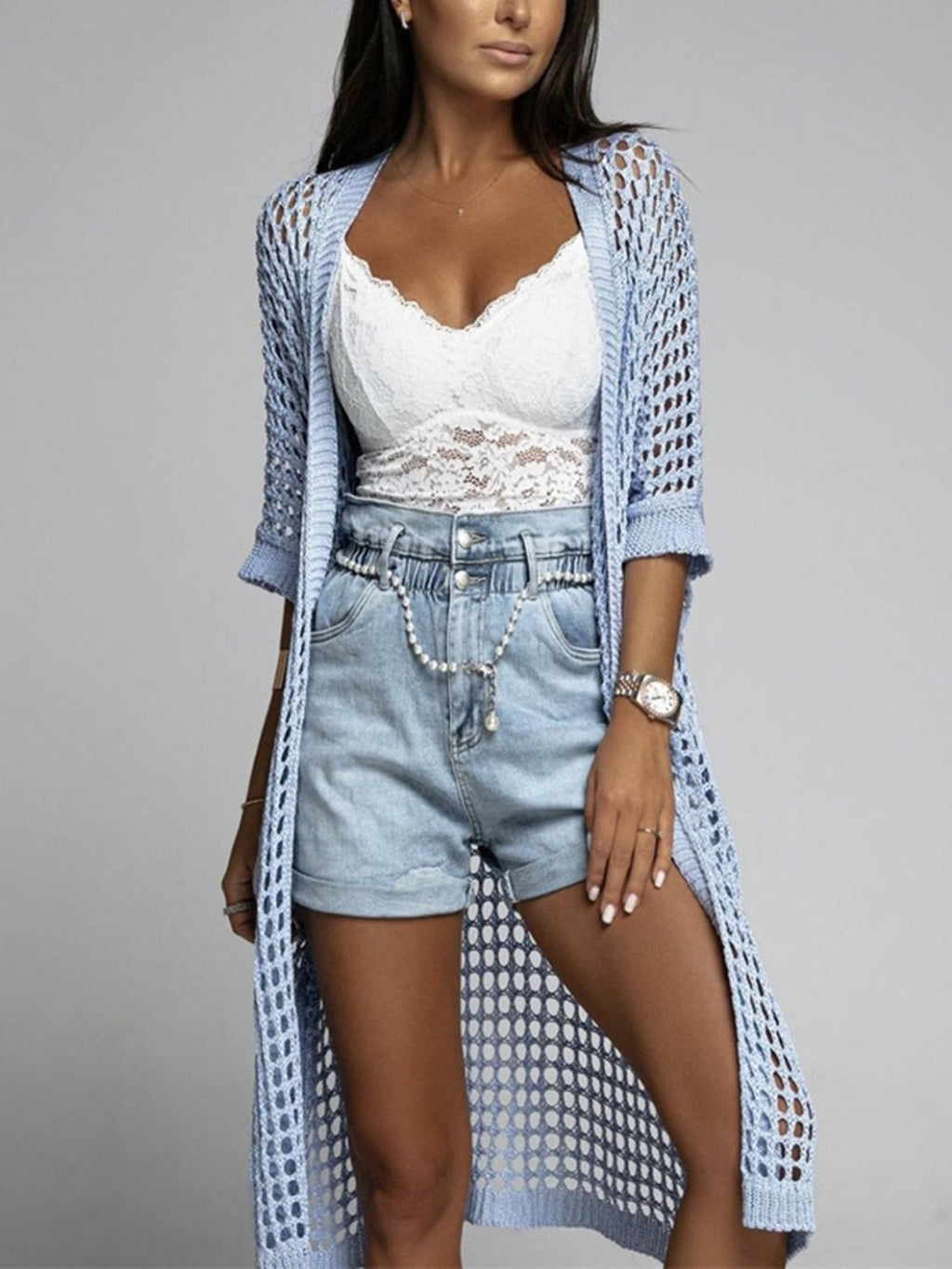 Valenzora | Openwork open front, three-quarter sleeve cover-up
