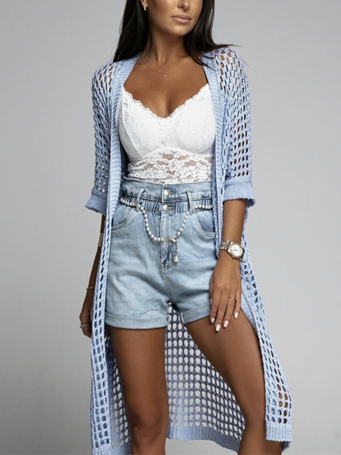 Valenzora | Openwork open front, three-quarter sleeve cover-up