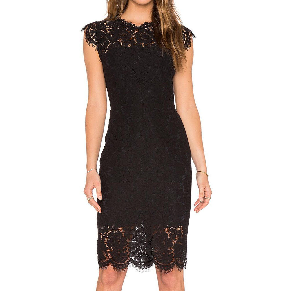 Women's sheath dress with romantic lace trim and tailored fit, size