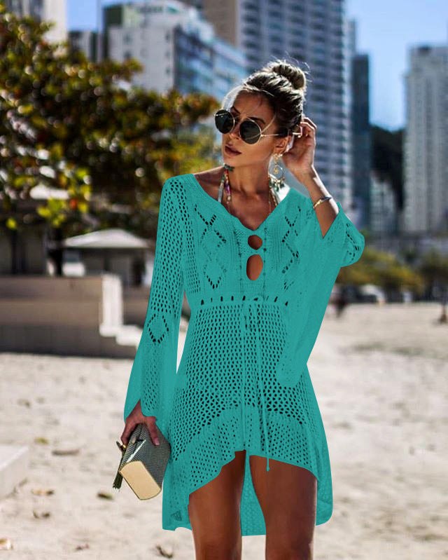Women's airy crochet beach cover-up with V-neck and tie belt, size