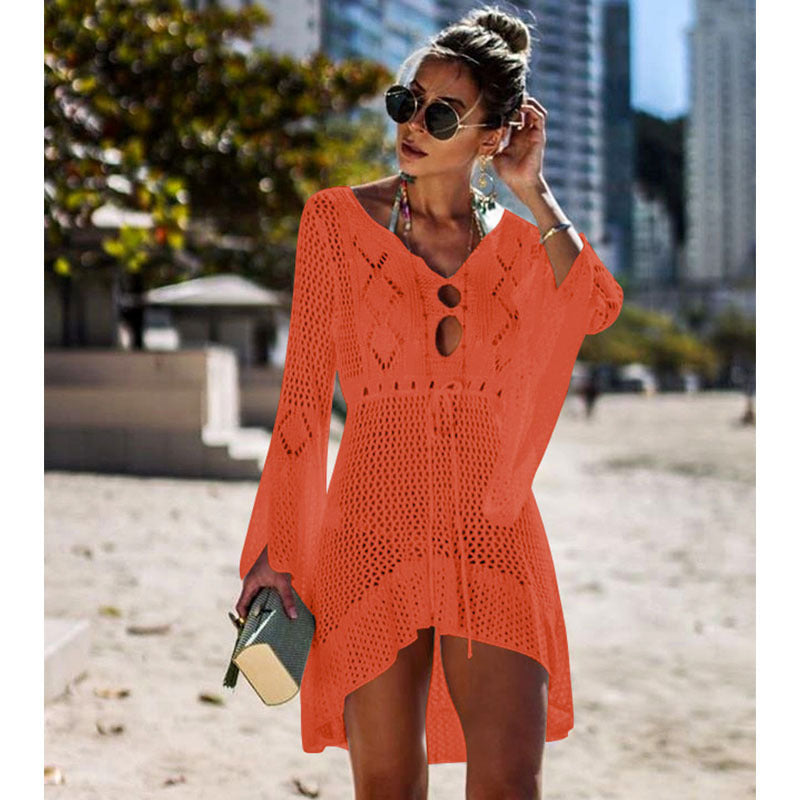 Women's airy crochet beach cover-up with V-neck and tie belt, size