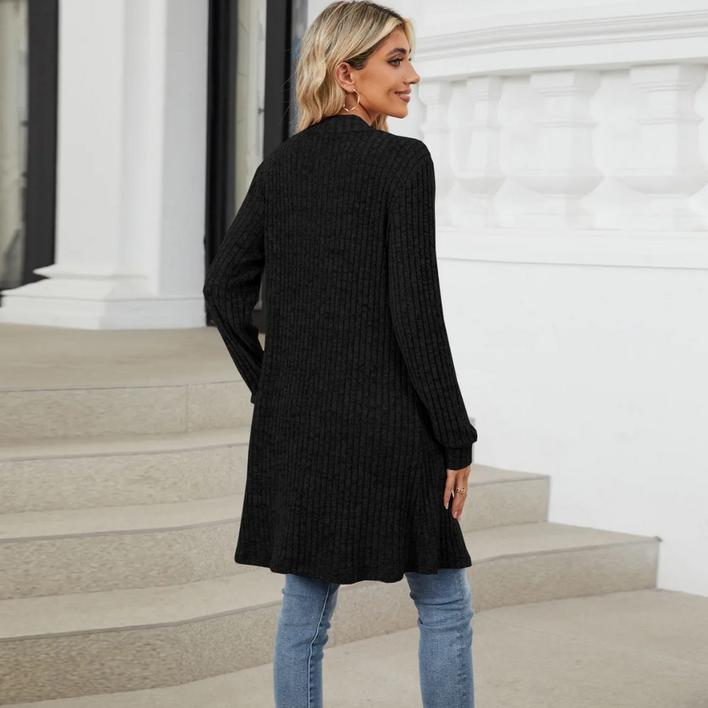 Valenzora | Long Women's Ribbed Open Front Cardigan with Pockets
