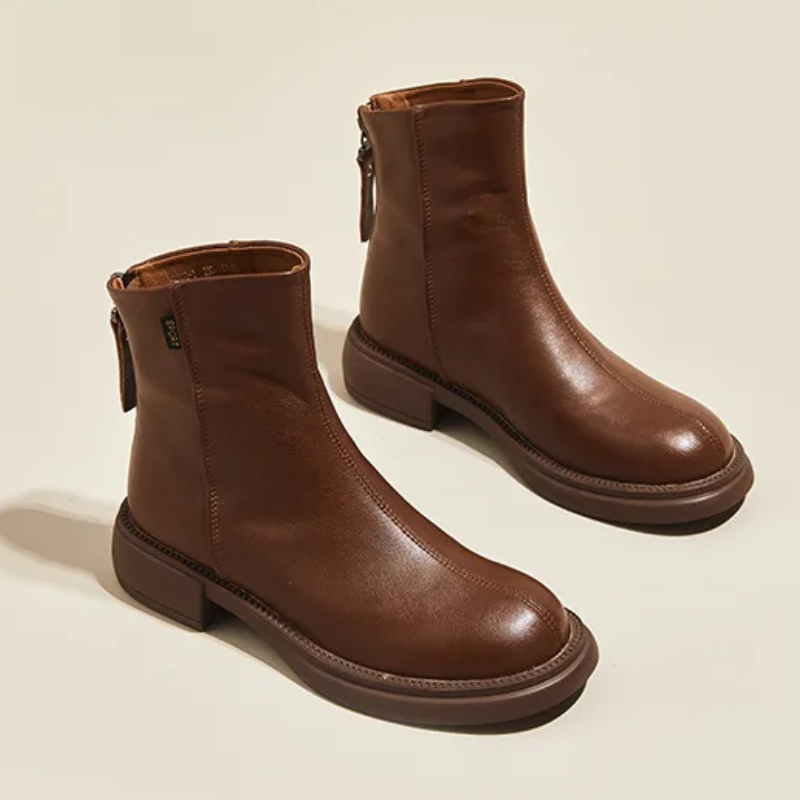 Valenzora | Women's Leather Ankle Boots with Back Zipper and Low Heel
