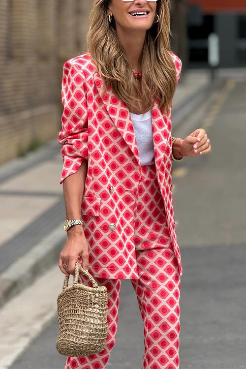 Valenzora | Rosiedress Geometric Print Lapel Double Button Blazer and Flare Trousers Set