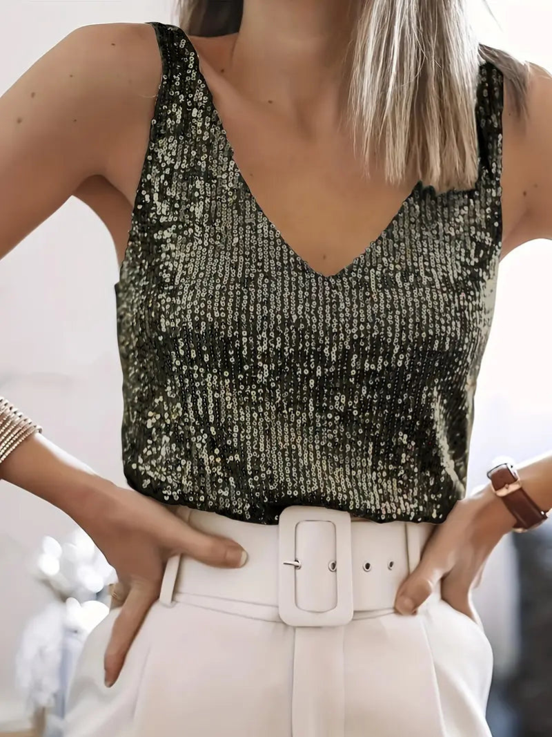 Valenzora | Women's Glitter Sequin V-Neck Sleeveless Shirt Top