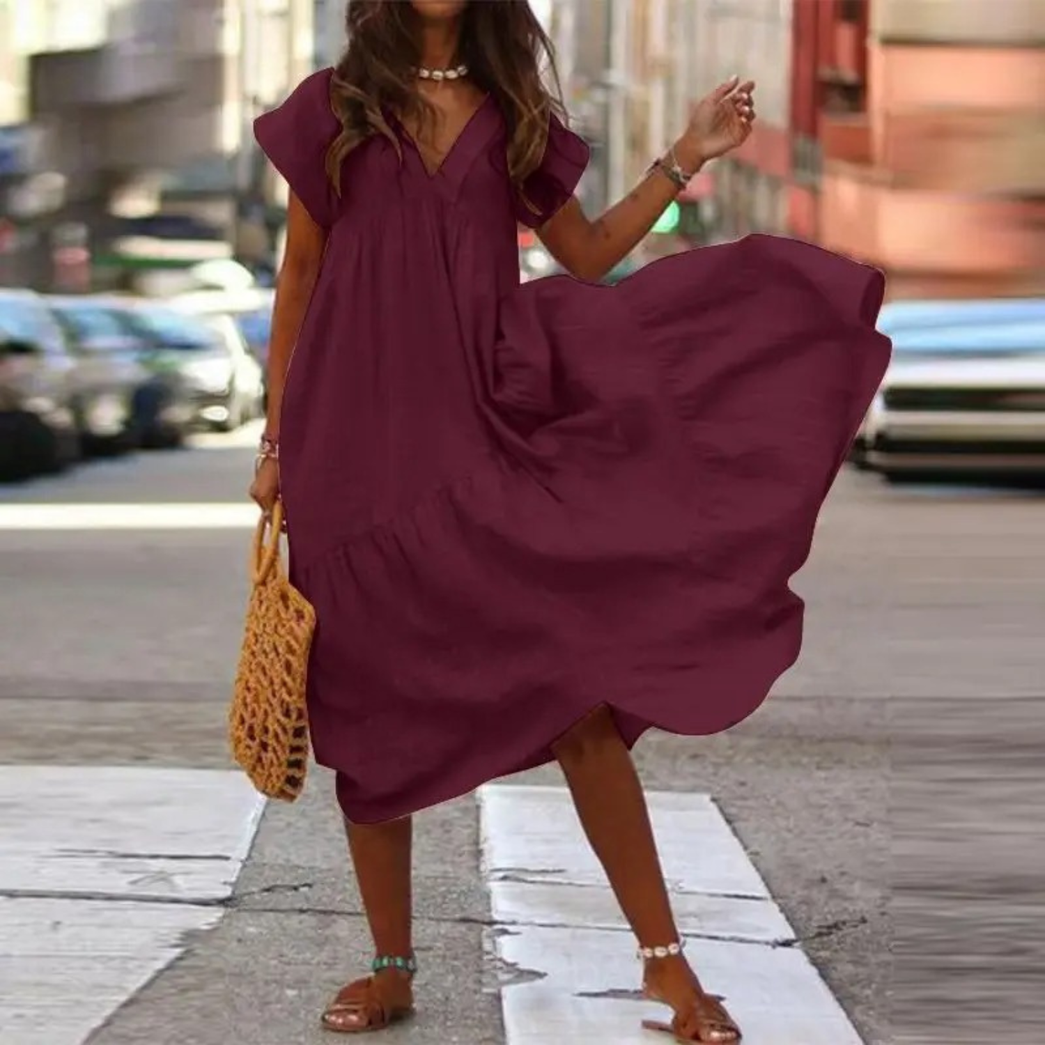 Valenzora – Maxi-Hemdblusenkleid mit V-Ausschnitt und Rüschen