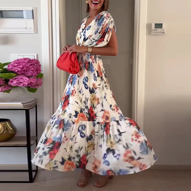 Valenzora | Beautiful Elegant Pleated Dress with Floral Pattern