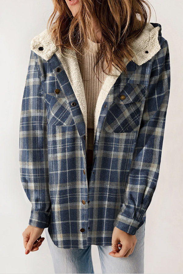 Valenzora | Snap Button Sherpa Fleece Lined Hooded Flannel Jacket