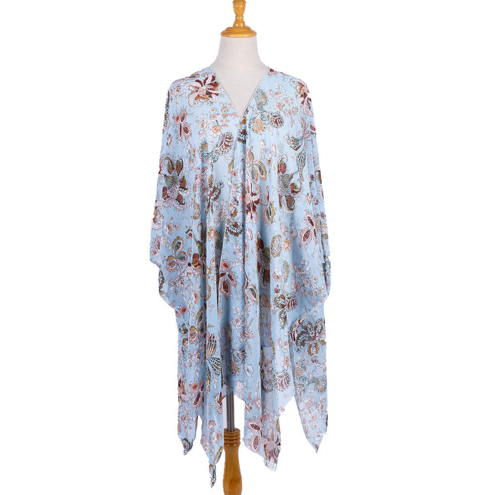 Women's elegant chiffon wrap with floral design and asymmetrical hem, size S