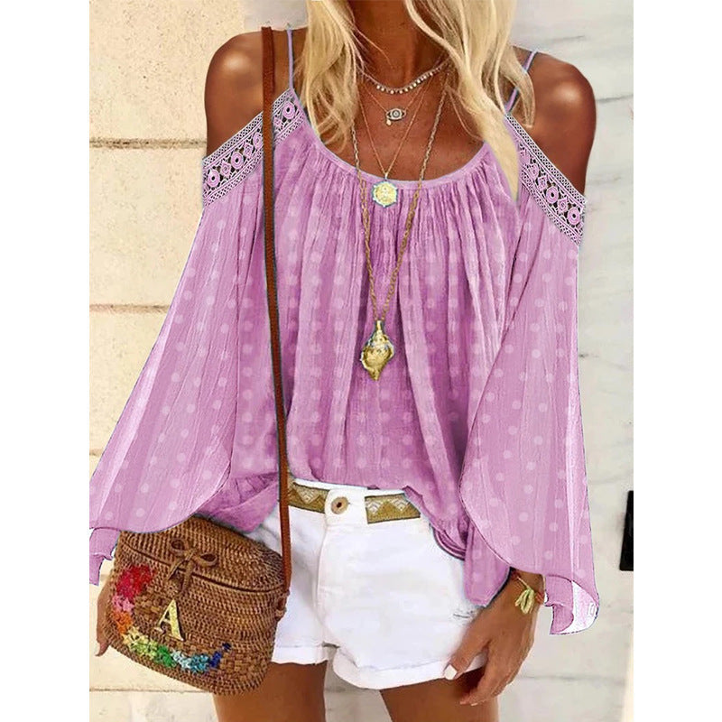 Women's blouse with off-the-shoulder design and ruffles, size