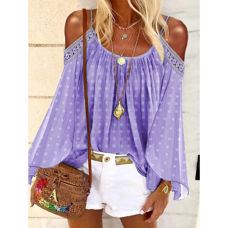 Women's blouse with off-the-shoulder design and ruffles, size