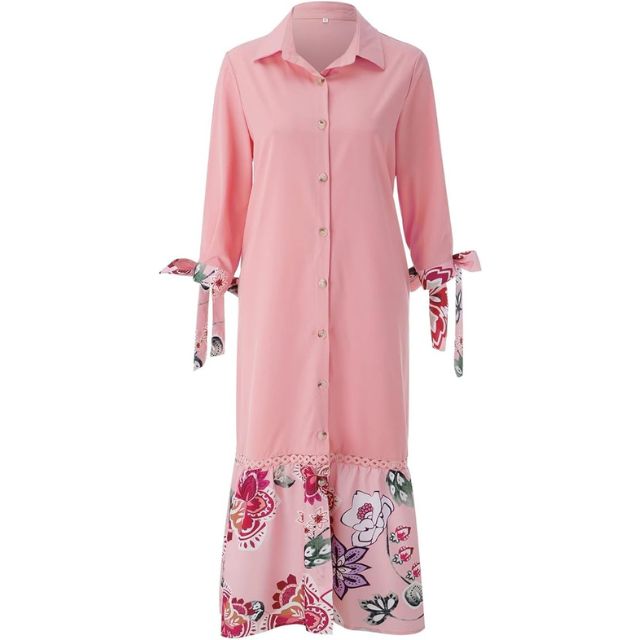 Valenzora | Maxi dress with button placket and floral pattern at the hem